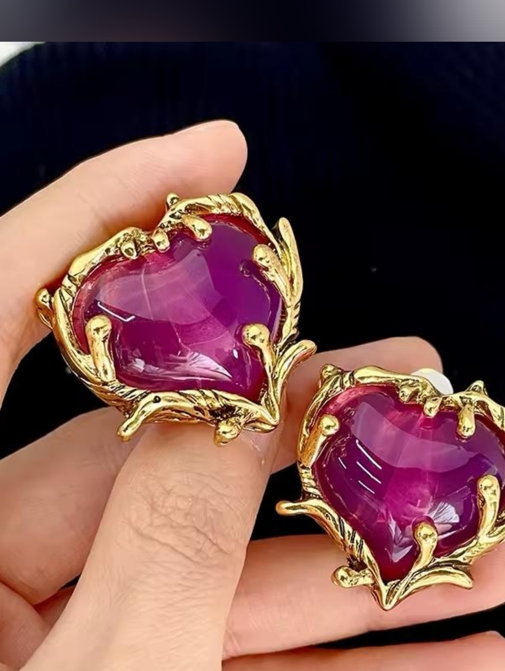 Gold-Trim Heart Clip-On Earrings with Deep Fuchsia Gem